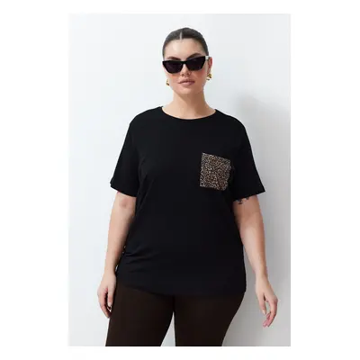 Trendyol Curve Black Oversize Animal Printed Pocket Detailed 100% Cotton Knitted Plus Size T-shi