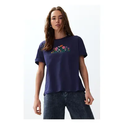 Trendyol Navy Blue 100% Cotton Relaxed/Wide Cut Floral Embroidery Knitted T-Shirt