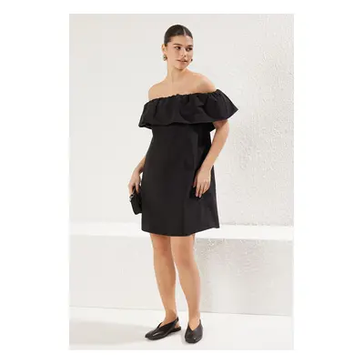 Trendyol Black Wide Cut Poplin Carmen Collar Elastic Detailed Mini Woven Dress