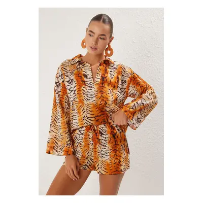 Trendyol Leopard Patterned Weaving 100% Cotton Shirt Shorts Beach Set