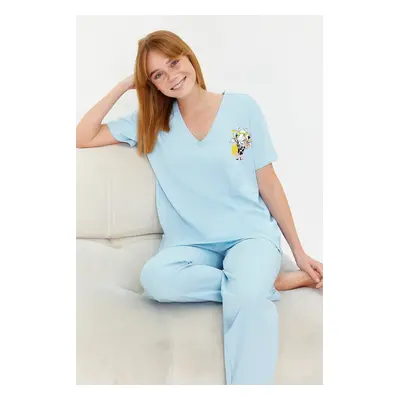 Trendyol Light Blue 100% Cotton Wide Fit T-shirt-Pants with Pockets Printed Knitted Pajamas Set