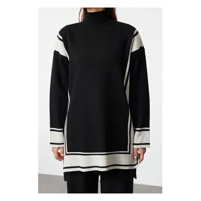 Trendyol Black Striped High Collar Knitwear Sweater