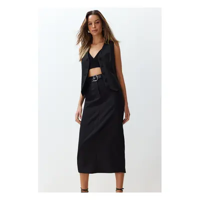 Trendyol Black Waist Detailed Pencil Straight Cut Midi Length Woven Skirt