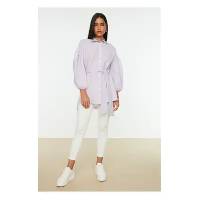 Trendyol Lilac Striped Belted Balloon Back Sleeve Long Woven Shirt