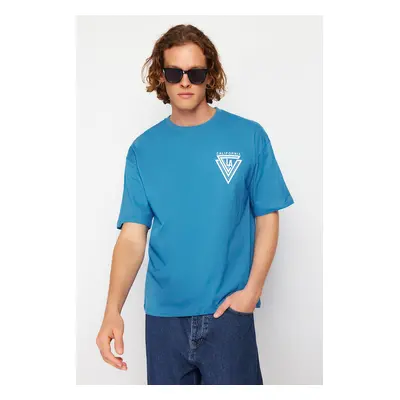 Trendyol Blue Oversize/Wide Cut Crew Neck City Printed 100% Cotton T-Shirt