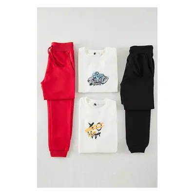 Trendyol White-Multicolored Boy Slogan 4-Pack Sweatshirt Sweatpants Knitting Upper-Lower Team