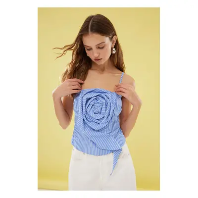 Trendyol Blue Strap Front Rose Detail Striped Woven Blouse