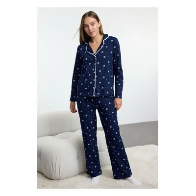 Trendyol Navy Blue 100% Cotton Winter Themed Piping Knitted Pajamas Set