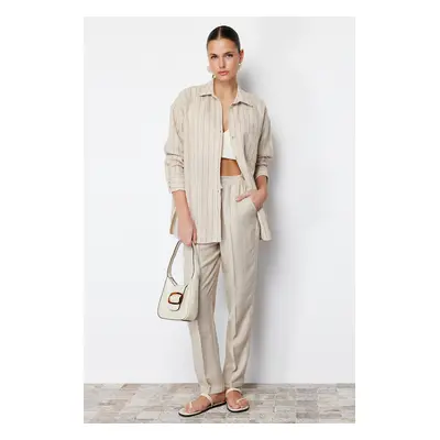 Trendyol Beige Striped Oversize Linen Look Woven Shirt