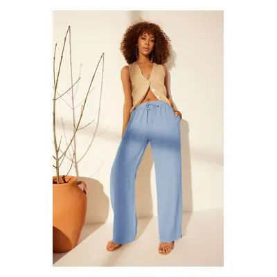 Trendyol Blue 100% Linen Elastic Waist High Waist Wide Leg Trousers