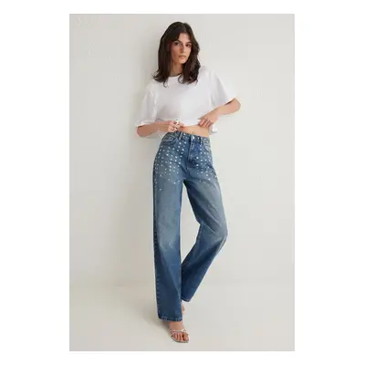 Trendyol Blue Eyelet Detail High Waist Wide Leg Jeans