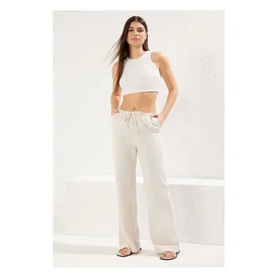 Trendyol Beige Linen Blend Beli Elastic Pull On Wide Leg Trousers