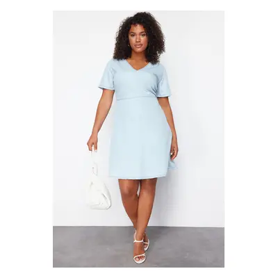 Trendyol Curve Light Blue V-Neck Tencel Mini Denim Dress