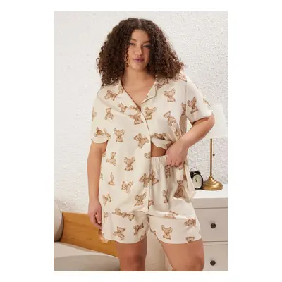 Trendyol Curve Beige Teddy Bear Patterned Shirt Collar Viscose Woven Pajama Set