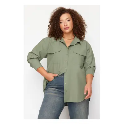 Trendyol Curve Khaki Cotton Long Sleeve Double Pocket Skirt with Slit Poplin Woven Plus Size Shi