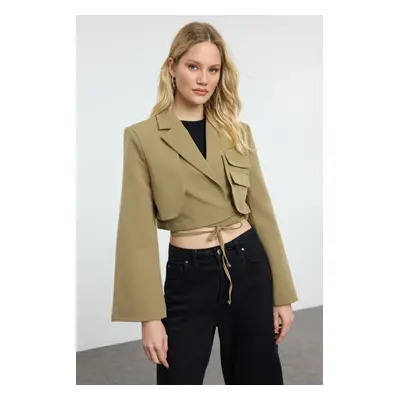 Trendyol Limited Edition Light Khaki Crop Lined Double Breasted Woven Blazer Jacket