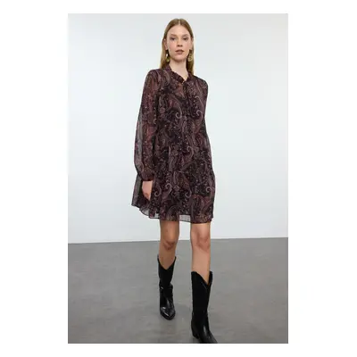 Trendyol Brown Shawl Patterned Loose Fit Mini Lined Chiffon Woven Winter Dress