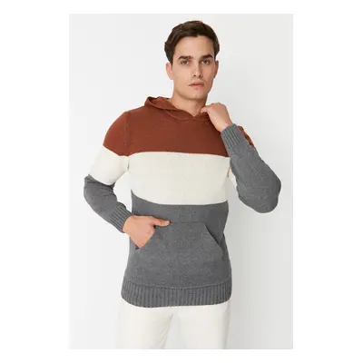 Trendyol Tile Regular Fit Woolen Hooded Color Block Knit Sweater