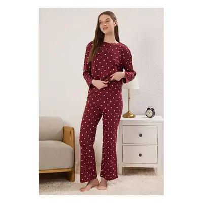 Trendyol Claret Red 100% Cotton Polka Dot and Heart Knitted Pajama Set