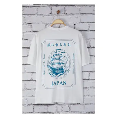 Trendyol White Oversize/Wide Cut Ship Back Print 100% Cotton T-Shirt