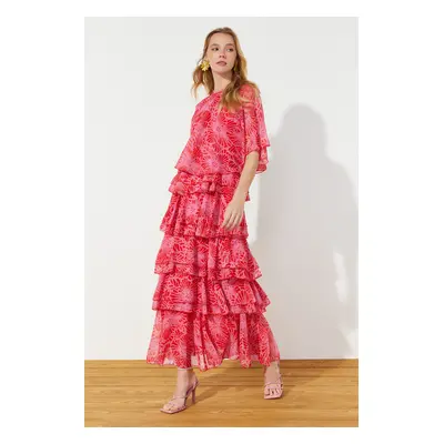 Trendyol Chiffon Woven Evening Dress with Tiered Pink Floral Skirt