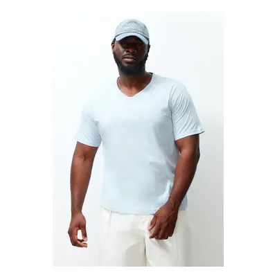 Trendyol Large Size Light Blue Slim/Narrow Cut V-Neck 100% Cotton Comfortable T-Shirt