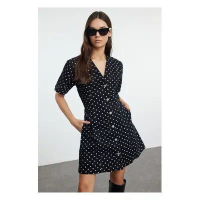 Trendyol Black Polka Dot V Neck Mini Denim Dress