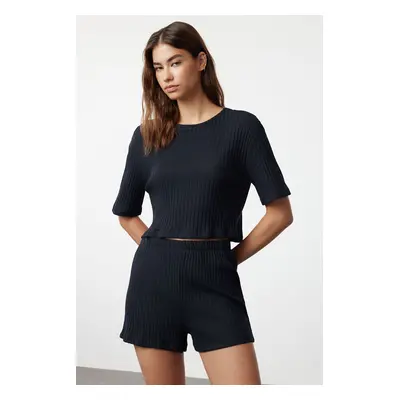 Trendyol Navy Blue Knitted Pajama Set with Ribbed Shorts