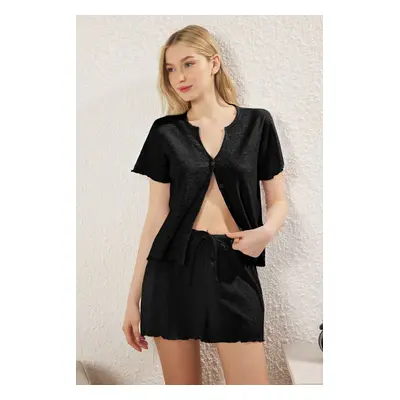 Trendyol Black Buttoned Ribbed Shorts Knitted Pajama Set