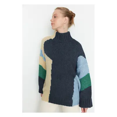 Trendyol Blue Soft Textured Color Block Wide Fit Knitwear Sweater