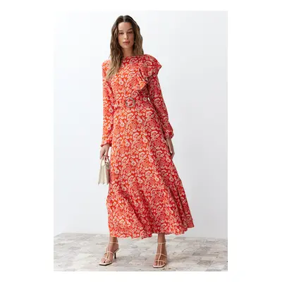 Trendyol Red Floral Lined Ruffle Detailed Belted Woven Dress