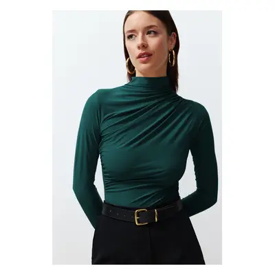 Trendyol Emerald Green Pleated Square Neck Body-Smoothing Flexible Knitted Blouse