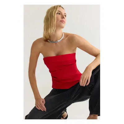 Trendyol Red Strapless Fitted Draped Woven Woven Blouse