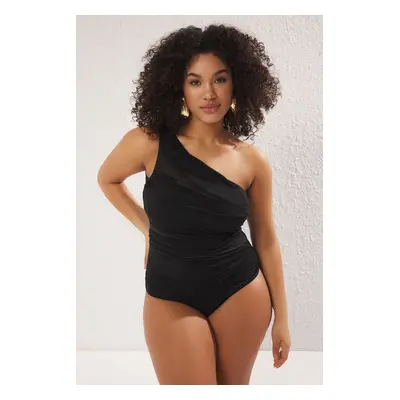 Trendyol Curve Black One Shoulder Tulle Detail Pleated Plus Size Swimsuit