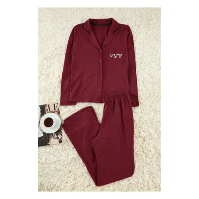 Trendyol Burgundy Cotton Piping and Pocket Detailed Printed Knitted Pajama Set