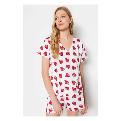 Trendyol White 100% Cotton Strawberry Patterned Shorts Knitted Pajama Set