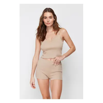 Trendyol Beige Laced Ribbed Shorts Knitted Pajama Set