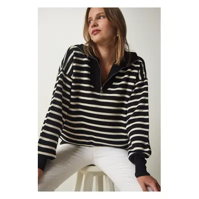 Happiness İstanbul Women's Black Striped Zipper Collar Knitwear Sweater