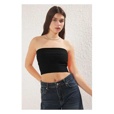 Trendyol Black Gathered/Draped Detail Fitted Crop Knit Bustier