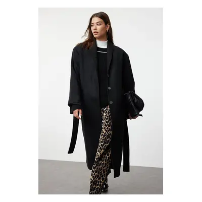 Trendyol Black Accessory Detailed Padded Oversize Belted Wool Coat