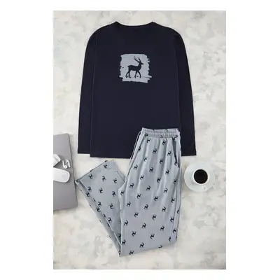 Trendyol Navy Blue Deer Printed Regular Fit Knitted Pajama Set