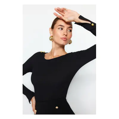 Trendyol Black Boat Neck Ribbed Flexible Regular Fit Long Sleeve Button Detailed Knitted Blouse