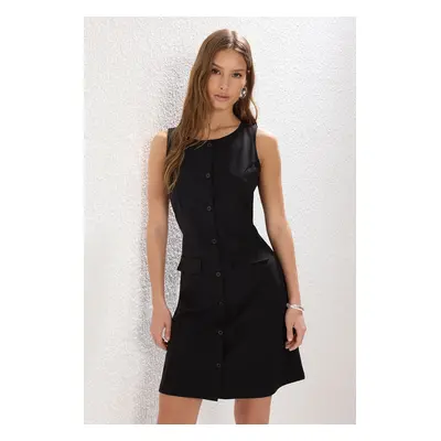 Trendyol Black Zero Sleeve Buttoned Skater/Waist Open Mini Knit Dress