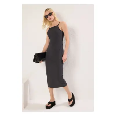 Trendyol Anthracite Square Neck Bodycone/Fits on Body Midi Knit Dress