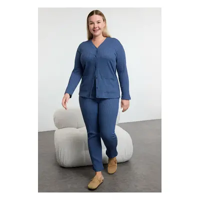 Trendyol Curve Indigo V Neck Buttoned Knitted Pajama Set