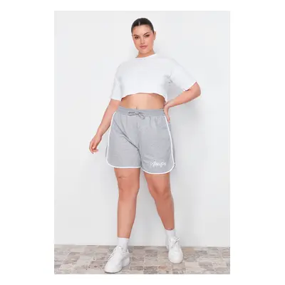 Trendyol Curve Gray Slogan Printed Piping Detailed Knitted Plus Size Shorts & Bermuda