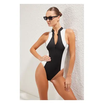 Trendyol Black-White Barbell Neck Zippered Swimsuit