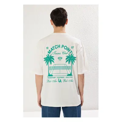 Trendyol Ecru Oversize/Wide Cut Tennis Printed 100% Cotton T-Shirt