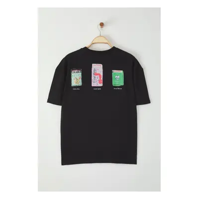 Trendyol Black Oversize/Wide Cut Printed 100% Cotton T-Shirt