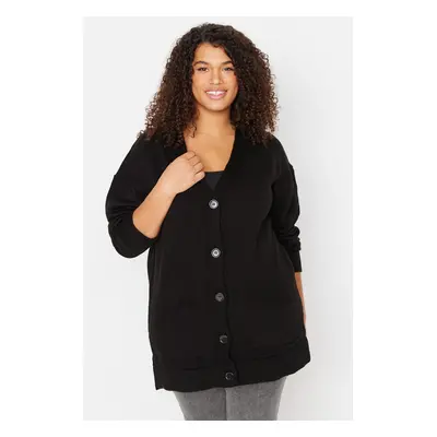 Trendyol Curve Black V-Neck Knitwear Cardigan with Pocket